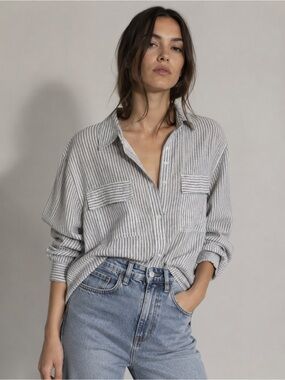 Max Studio Casual Gray Striped Button-Up Shirt